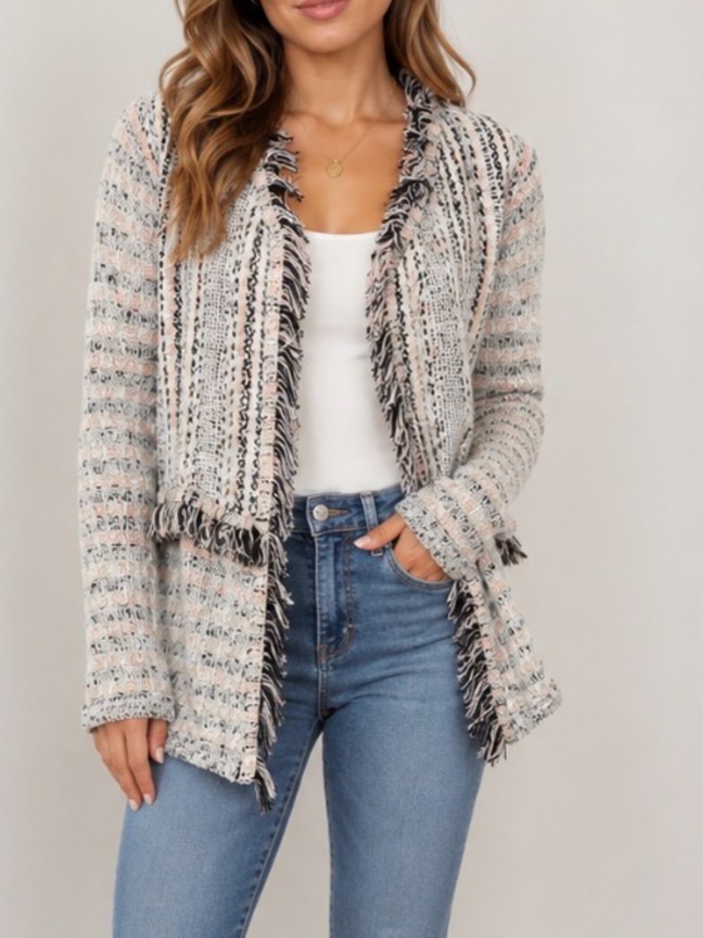 INC Concepts Striped Fringe Knit Open Cardigan - Soft Pink, Black & White SZ MD